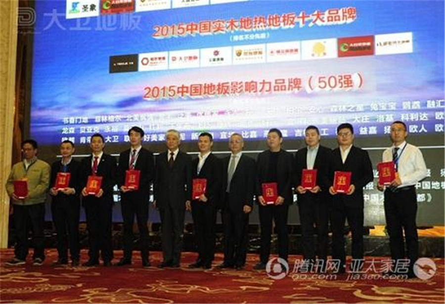 大衛(wèi)地板董事長蔣衛(wèi)（右二）獲頒“2015中國實(shí)木地?zé)岬匕迨笃放啤?jpg
